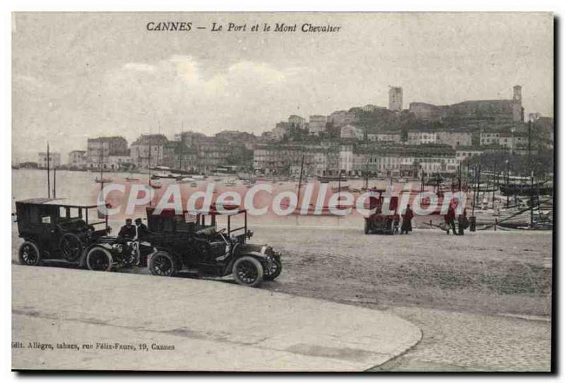 Postcard CANNES Old Port and Mont Chevalier taxi car