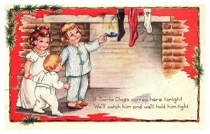 Merry Christmas ,Children , stockings on fire place mantle