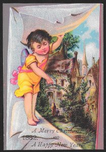 VICTORIAN TRADE CARDS (4) Merry Christmas Happy New Year 1882/83 Kids Buildings