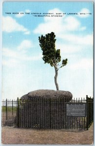 c1940s Laramie, WY Old Pine Tree Rock Monument Lincoln Highway Linen PC Wyo A284