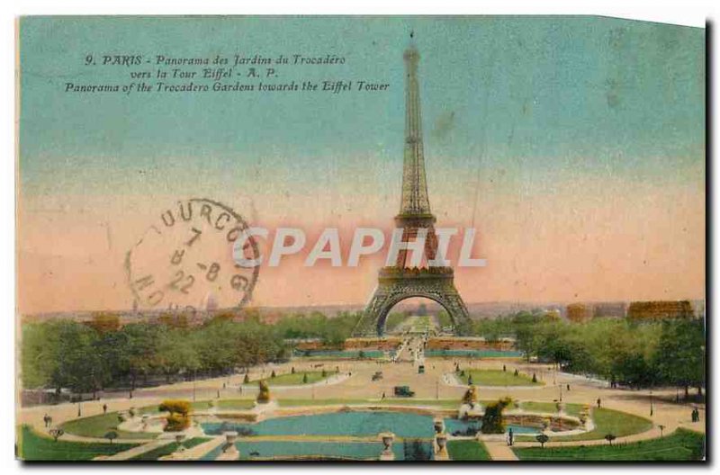 Old Postcard Panorama of Paris Trocadero Gardens to the Eiffel Tower