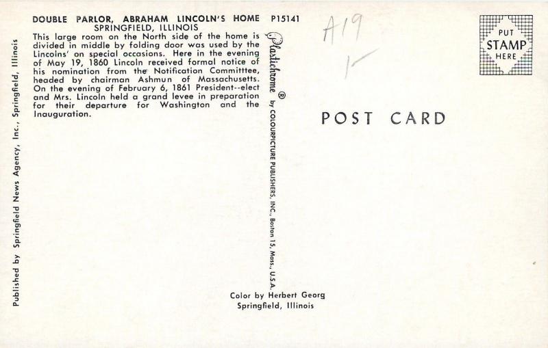 Springfield Illinois~Interior Lincoln Home Parlor~1950-60s Postcard