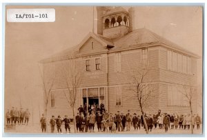 c1950 Public School Exterior Building Field Thompson Iowa Vintage Postcard