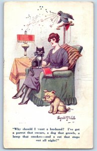 1932 Humor Woman With Cat Dog Parrot Donald McGill Signed Bamforth Postcard