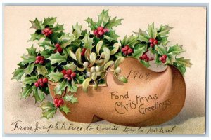 1908 Christmas Greetings Dutch Shoes Holly Clapsaddle (?) Embossed Postcard