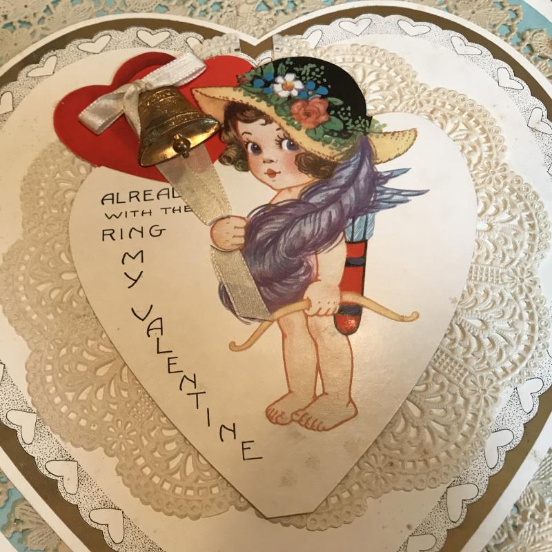 Large Vintage Valentine Heart Decoration w/ Cupid Girl In Hat Ringing A Bell