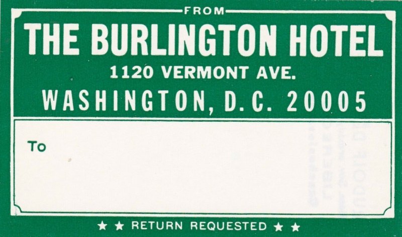 Washington D C The Burlington Hotel Vintage Luggage Tag sk2569