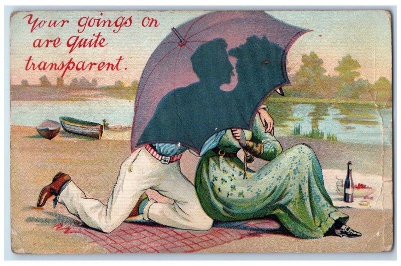 1911 Couple Covered Transparent Umbrella Picnic Romance Posted Antique Postcard 