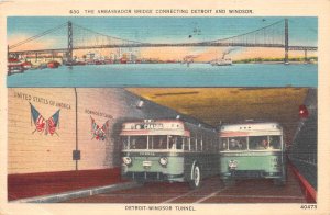 Detroit Michigan & Windsor Ontario 1957 Postcard Ambassador Bridge Bus