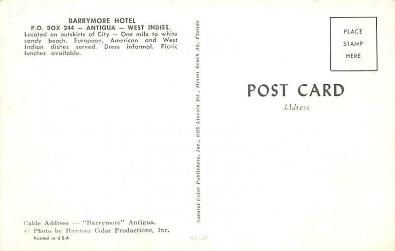 Barrymore Hotel Antigua, West Indies Unused 