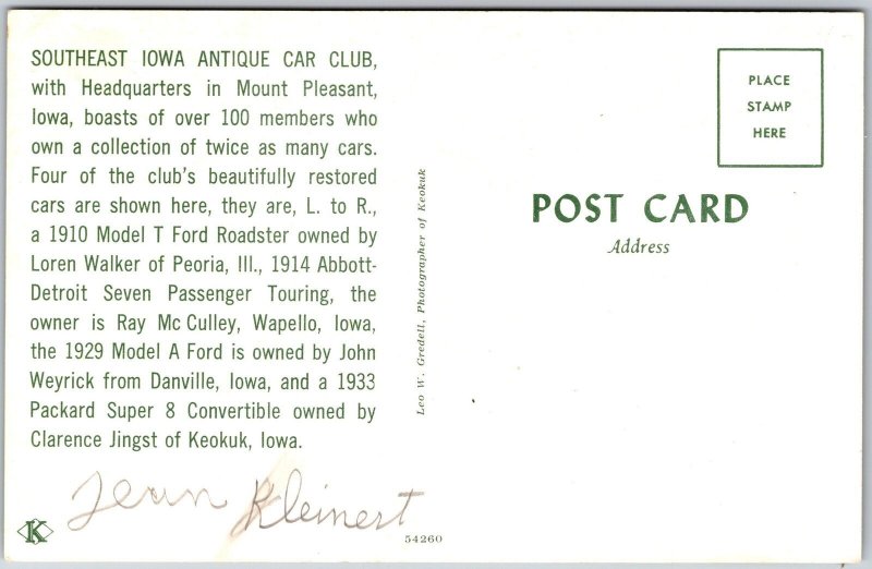 IA-Iowa, Southeast Iowa Antique Car Club, Passion for Classic Cars, Postcard