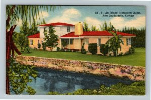 Ft. Lauderdale, FL-Florida, Island Water front Home, Vintage Linen Postcard
