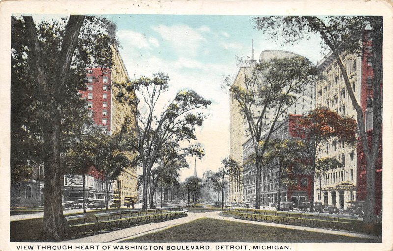 Detroit Michigan 1921 Postcard Heart of Washingotn Boulevard RPO Cancel