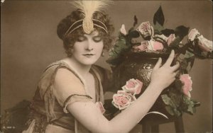 Beautiful Woman 1920s Fashion Headband Tinted Real Photo Vintage Postcard