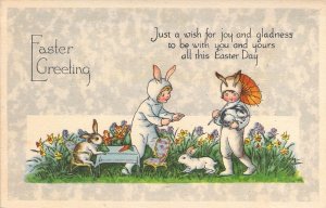 Children Dressed as Bunnies, Flowers, Easter Greeting,  Old Post Card