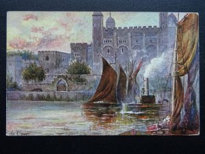 London THE TOWER OF LONDON Thames Barge c1906 Postcard by Artist Arthur C. Payne