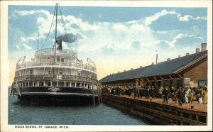 St Ignace Michigan MI Dock Scene Steamer City of Alpena Vintage Postcard