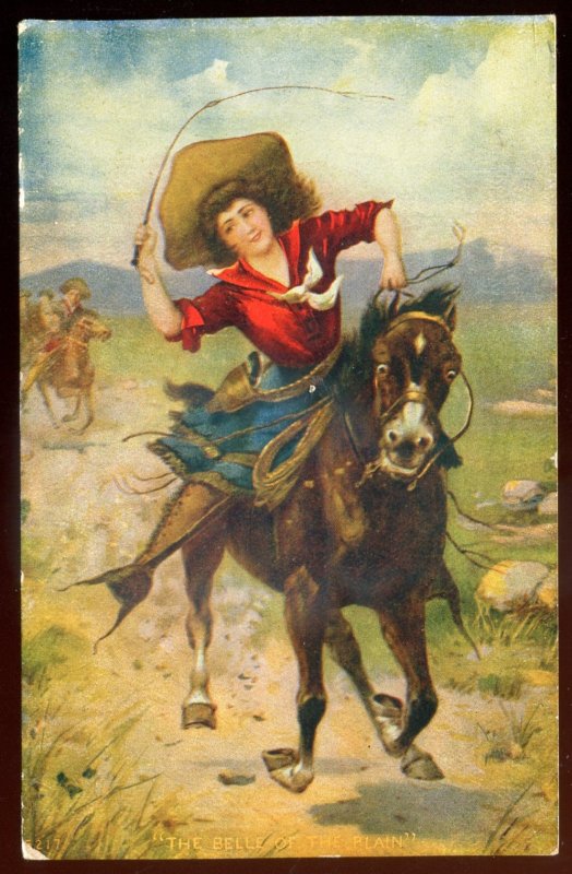 dc2025 - WESTERN Cowgirl Postcard 1910s Belle of the Plain & Horse