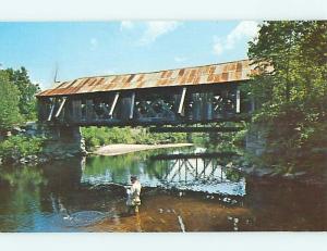 Unused Pre-1980 FISHING - FISHERMAN AT COVERED BRIDGE Warner NH t8260