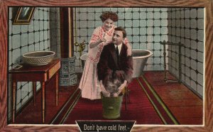 Vintage Postcard 1912 Don't have cold feet Couple Man and Woman In Bathroom