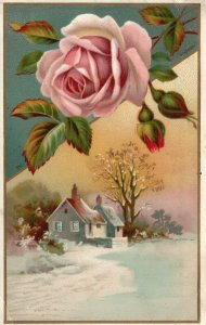 1880s-90s Homestead in Winter Scene Pink Rose Trade Card