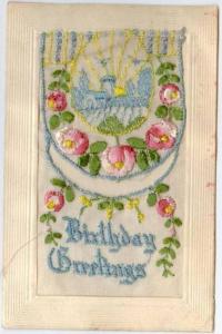 Embroidered postcard - Birthday Greetings  - Flowers