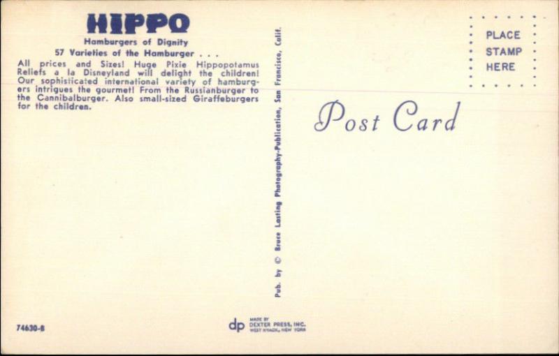 Food Hippo Hamburgers Fast Food? Menlo Park San Francisco CA Postcard