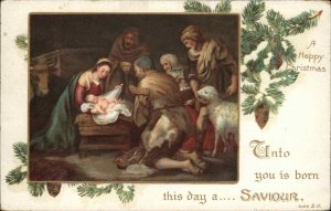 Christmas Nativity Mary and Visitors Surround Baby Jesus c1910 Vintage Postcard