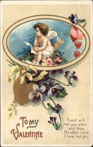 Valentine Art Nouveau Fantasy Int'l Art Cupid with Paper c1910 Vintage Postcard