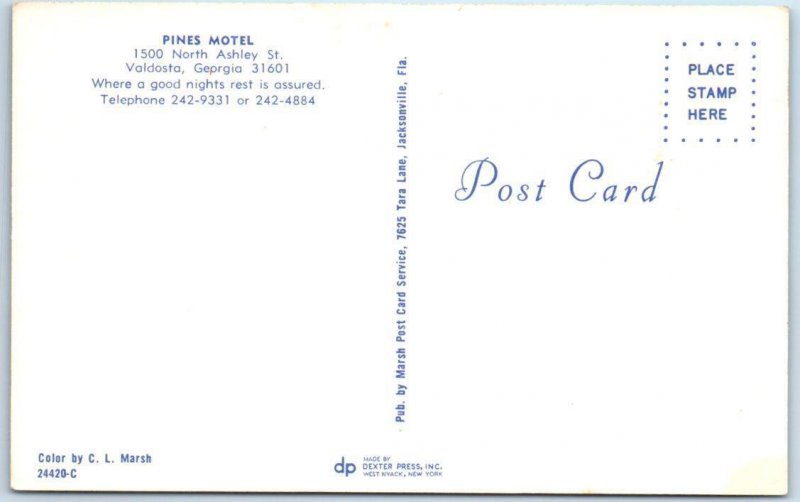VALDOSTA, Georgia  GA    Roadside PINES MOTEL   ca 1960s  Postcard