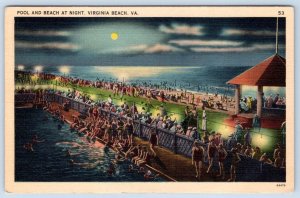 1946 VIRGINIA BEACH VA SWIMMING POOL AT NIGHT VINTAGE LINEN POSTCARD