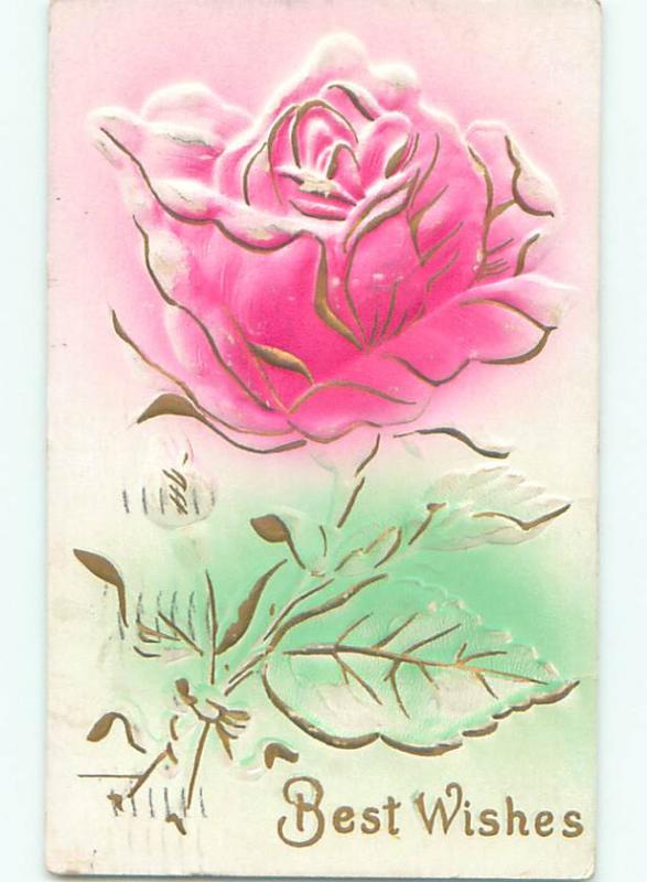 Pre-Linen art nouveau BEAUTIFUL LARGE EMBOSSED PINK ROSE FLOWER J2997