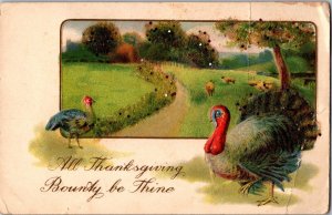 Thanksgiving Bounty, Turkeys, Embossed, Glittery Accents Vintage Postcard N75