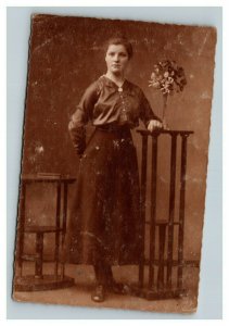 Vintage 1900's RPPC Postcard - Studio Portrait Cute German Girl Flowers