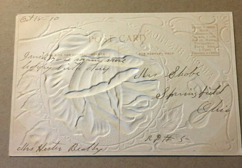 VINTAGE PENNY POSTCARD 1910 USED EMBOSSED ROSE - A HAPPY BIRTHDAY  