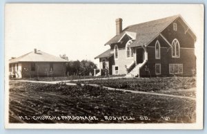 Roswell South Dakota SD Postcard RPPC Photo ME Church & Parsonage Dirt Road