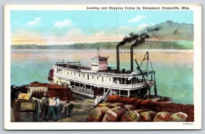 Greenville MS~Loading & Shipping of Cotton On Steamboat~Vintage Linen Postcard