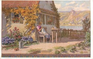 Fine art vintage postcard Germany 1942 woman on the porch