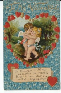 CH-073 Valentine Greetings, Boy and Girl Angels Hugging Divided Back Postcard