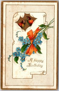 A Happy Birthday Forget Me Nots Flowers & Birds Posted Postcard