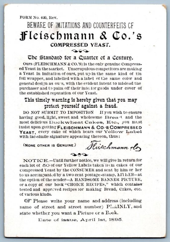 1895 FLEISHMANN & CO COMPRESSED YEAST*CLIPPER SHIP ON THE OCEAN*THICK TRADE CARD