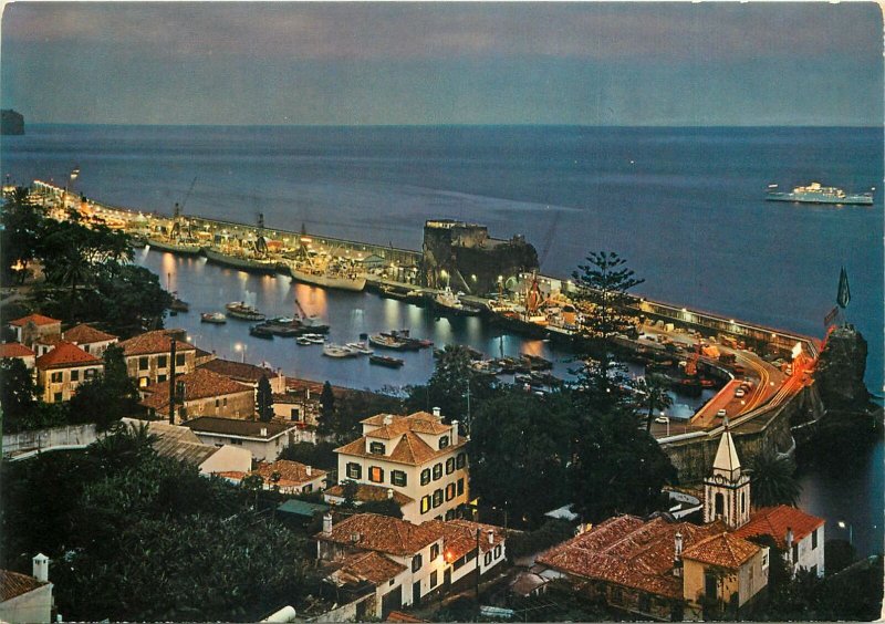 Portugal Postcard Madeira Funchal night view of the harbor