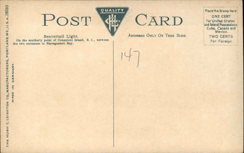 Narragansett Bay Rhode Island RI Beavertail Lighthouse c1910 Postcard