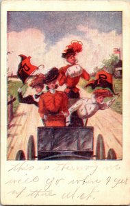 Girls in Early Automobile with Pennants, c1908 Postcard F57