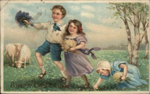 Easter Little Girls and Boy Frolic in Field c1910 Vintage Postcard