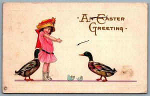 Postcard c1918 An Easter Greeting Little Girl Two Mallard Ducks to Cayuga ONT