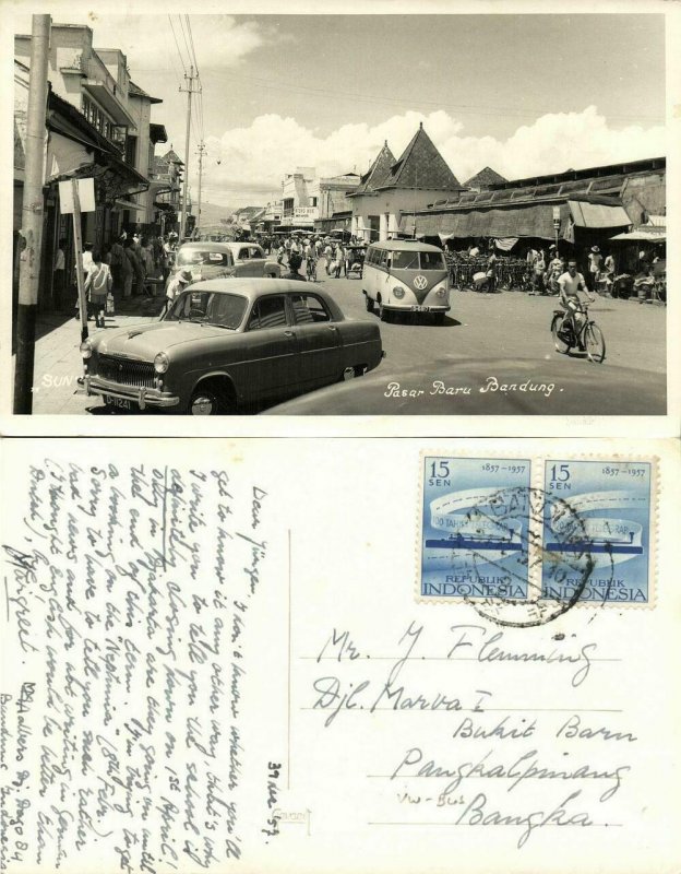 indonesia, JAVA BANDUNG, Pasar Baru, VW V.W. Bus (1957) RPPC Postcard