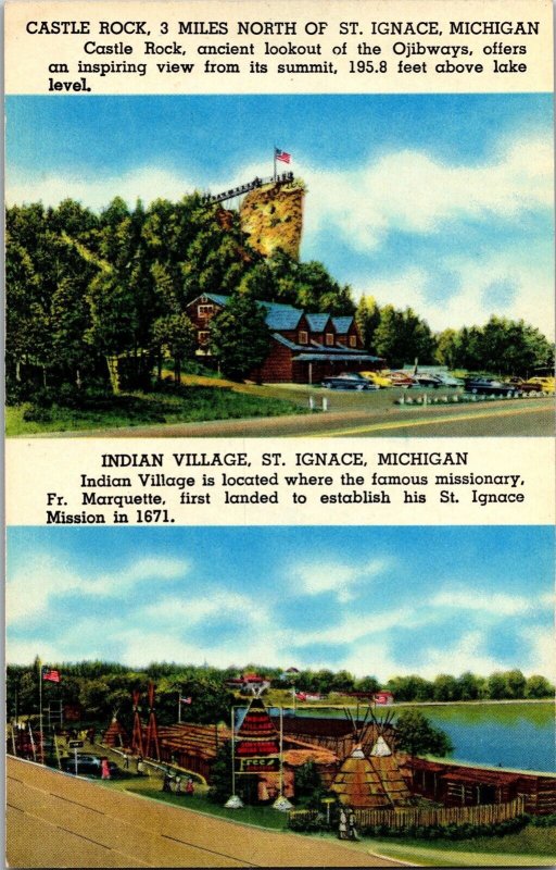 Indian Village, Castle Rock St Ignace MI Vintage Postcard L75