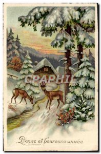 Postcard Old Bonne Annee Fancy Biche