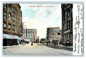 1906 Central Square Street View Trolley Train Lynn Massachusetts MA Postcard